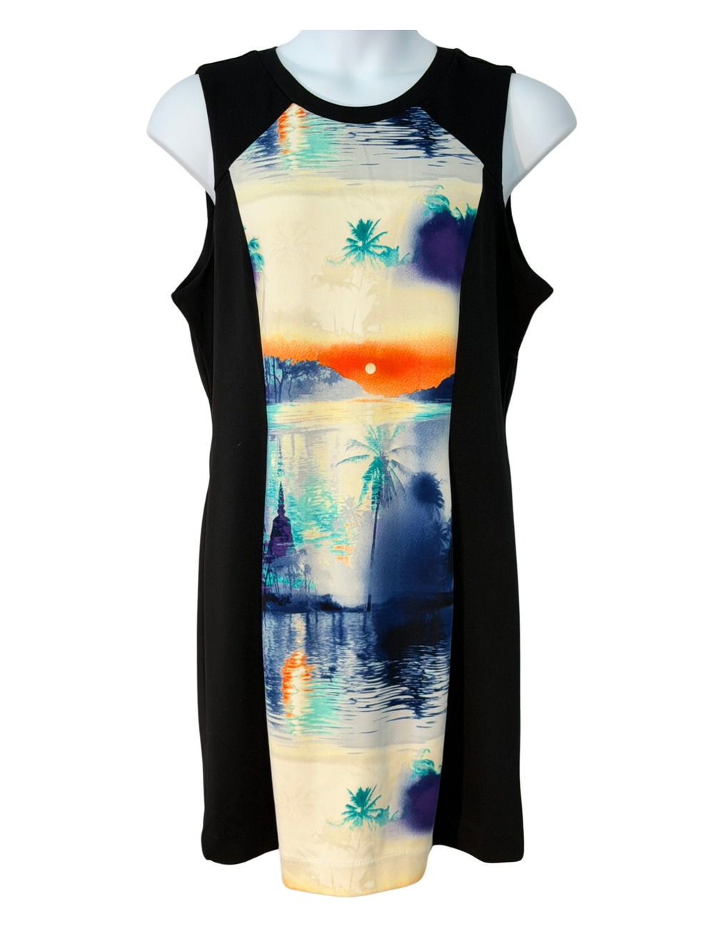 Nicole Miller Sz XL "Rock the Boat" Sheath Dress Scuba Knit Island Scene New